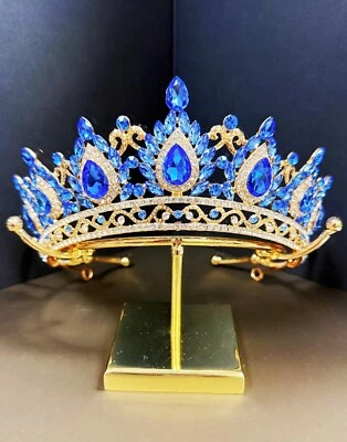 Tiara de cristal corona dorada, corona princesa, tiara de boda dorada, corona azul boda Foto 1 de 4