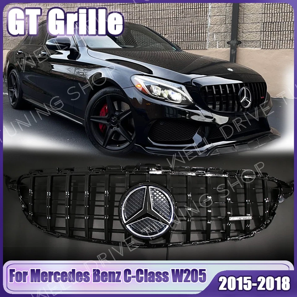 Black Front Grille W/LED Emblem For Mercedes Benz W205 15-18 C300 C350 400 450  - Изображение 1 из 4