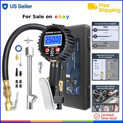 Digital Tire Pressure Gauge with Inflator 250 PSI Stainless Steel Heavy Duty - Image 1 of 4
