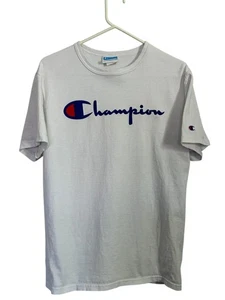 Champion Men's T-Shirt Size M White Script Logo Short Sleeve 100% Cotton Casual - Picture 1 of 3