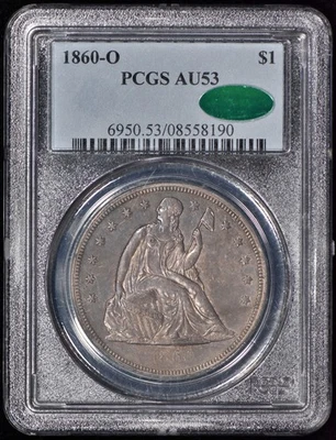 Dólar de plata libertad sentada 1860-O $1 graduación profesional AU53 CAC Foto 1 de 3