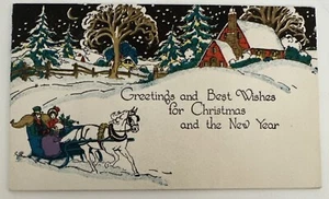 Vintage Art Deco Weihnachtskarte - Menschen Reiten Pferd gezeichneter Schlitten - Bild 1 von 3