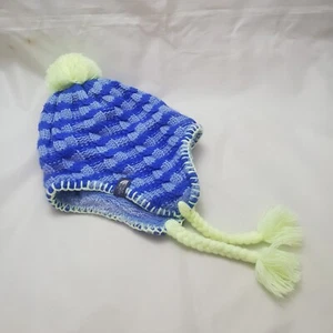 The North Face Kids Beanie Knit Green Blue Small Plush Earflap Pompom Striped - Picture 1 of 7