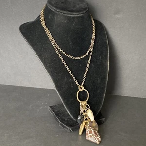 Vintage Bronze Toned Chain Necklace Stone Pendants Giraffe Gold Tone Marble 33" - Picture 1 of 8