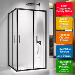 Square Sliding Shower Screen Enclosure Double Door Black 800/860/900/1000/1200mm - Picture 1 of 35