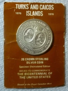 Isla Turca y Caicos 1976 - 20 coronas - 200 años EE. UU. - 1,15 OZ PLATA BU - PAQUETE RCM. - Imagen 1 de 13
