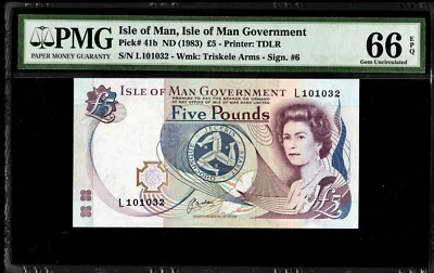 Isle of Man 5 Pounds, 1983 PMG Banknote GEM UNC 66 EPQ P-41b *2 Day Shipping* - Image 1 of 3