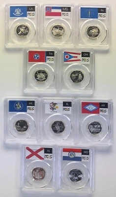 2002 2003 LA MS IN TN OH ME IL AR AL MO State Proof SLVER PCGS 70 10 Quarter Set - Image 1 of 4
