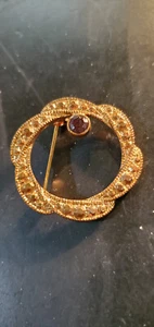 Vintage Gold-tone Circle BroochTextured with Garnet-like stone - Picture 1 of 1