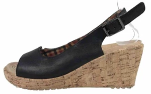 Crocs A-Leigh Womens Size 7 Sandals Black Leather Slingback Cork Wedge Heels - Picture 1 of 10
