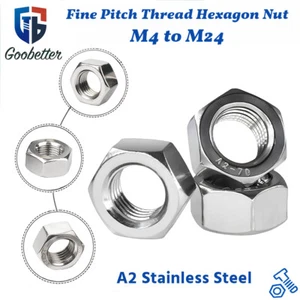 Fine Pitch Thread Hexagon Full Nuts A2/304 Stainless Steel M4 M5 M6 M8 M10 - M24 - Picture 1 of 31