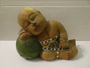 Vintage Medium Hand Carved Wooden Boy Figurine Sleeping On Ball - Picture 1 of 6