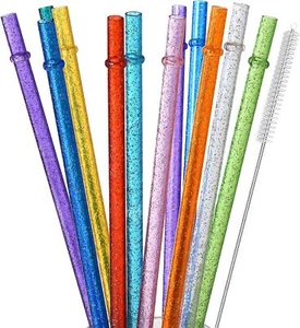 ALINK 12-Pack Glitter Reusable Clear Plastic Straws, 11" Long Hard Tumbler - Picture 1 of 7