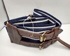 Vintage Polo Ralph Lauren Wool Webbed Wide Double Leather Belt Buckle Navy Cream