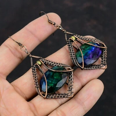Ammolite Jewelry Copper Mother Gift Wire Wrapped Drop/Dangle Earrings 3.23" - Image 1 of 4