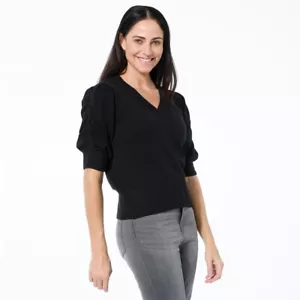 DG2 by Diane Gilman SoftEase Knit Puff Sleeve Sweater Size XL Black Ribbed NEW - Picture 1 of 7