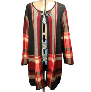 Jones New York Studio Plaid Knit Tunic Length Cardigan Faux Leather Strap 1X - Picture 1 of 24