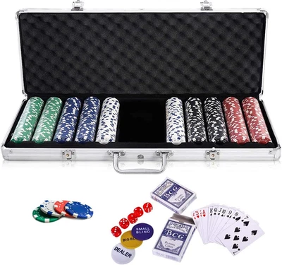 Set Da Poker Con Valigia, Completo Da Gioco Con 500 Fiches, 2 Mazzi Di Carte, 5  - Immagine 1 di 4