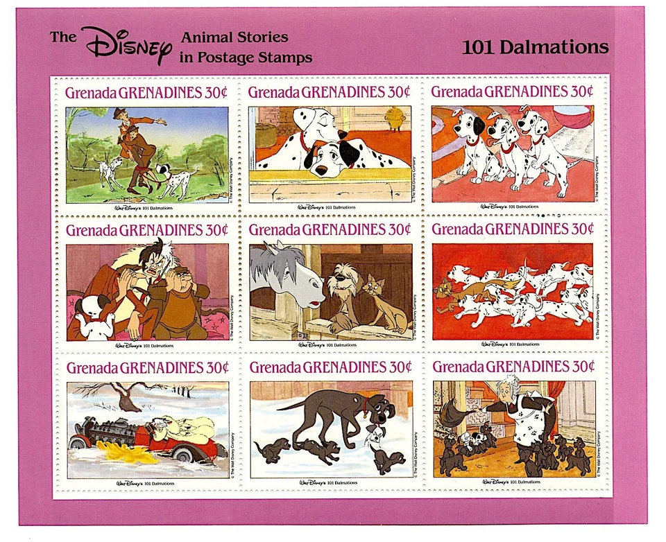 1988 DISNEY 101 DALMATIANS MNH Sheet 9 x 30¢ Grenada Stamps #988 Animal Stories - Image 1 of 1