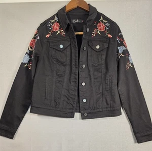 Earl Jean Jacket Womens Medium Black Denim Floral EmbroideredY2k - Picture 1 of 18