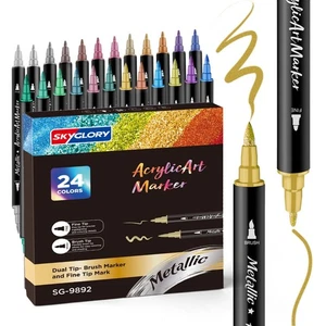 24 Colors Dual Tip Metallic Acrylic Paint Pens Set - Picture 1 of 9