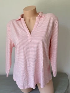 Top maglietta LANDS' END rosa bianco a righe colletto popover scollo a V manica 3/4 L 14-16 - Foto 1 di 7