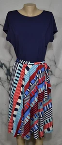 LEOTA Navy Blue Multicolor Geometric Stripe Short Sleeve Dress XL Solid Bodice - Picture 1 of 9