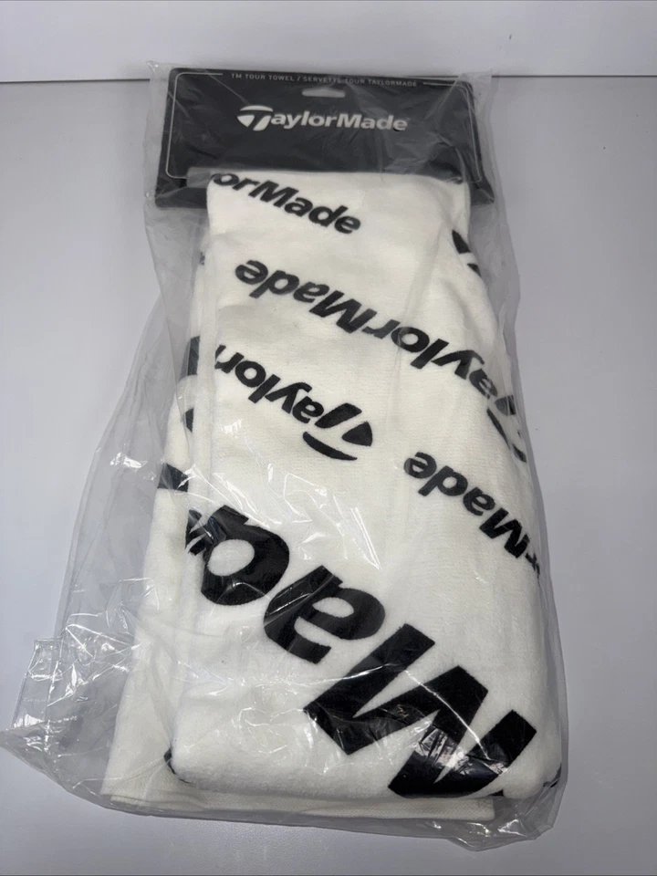 全新 TaylorMade Tour 白色/黑色 24 英寸 x 42 英寸棉质高尔夫毛巾 — 第 1/4 张图片