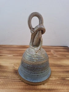 Signed Art Pottery Bell with loop handle Blues, grays Vintage 6" tall - Picture 1 of 10