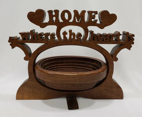 Collapsible Wood Basket Round Carved Home is Where the Heart Is Vintage Folding Cover