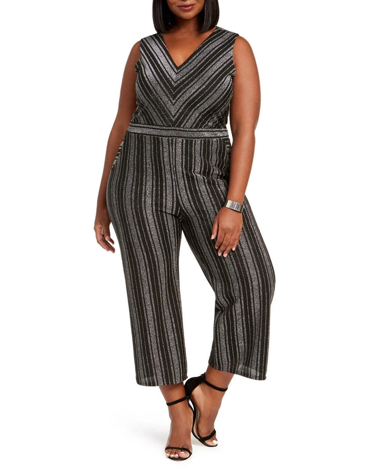 Monteau Womens Black Glitter Stripe Dressy Jumpsuit Plus 1x 0736