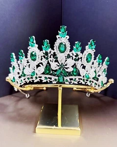 Silver Crystal Tiara, Bridal Flower Tiara, Green Crystal Tiara, Wedding Headband - Picture 1 of 8