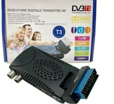 Mini Decoder digitale terrestre TV DVB T3 piega 180° full HD 1080p 1920p scart 3 - Immagine 1 di 4