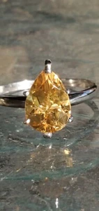 Yellow Topaz Labcreated Pear Cut Solitaire Ring 10kt Solid White Gold - Picture 1 of 12