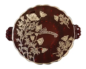 Viking Glass Ruby Red 40th Anniversary Poppy Silver Overlay Tab Handled Plate !! - Picture 1 of 7