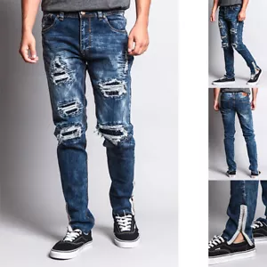 Men's Destroyed Rip Thigh Premium Biker Jeans with Outer Ankle Zipper DL1152EY - Picture 1 of 8