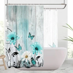 Türkis Blumen Duschvorhang Aqua Türkis Holz Bauernhof Vintage Krallenfuß Badewanne Wr... - Bild 1 von 6