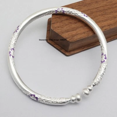 Pure 999 Fine Silver 4.5mm Purple Flower Surface Cuff Women's Bangle 58mm Dia. - Image 1 of 4