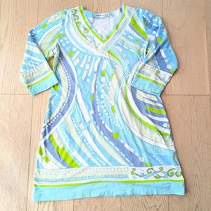 Barbara Gerwit Tunika Kleid blau grün Wirbelmuster V-Ausschnitt 3/4 Arm Damen L - Bild 1 von 5