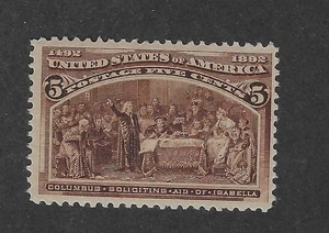 US Scott # 234, 5 cent chocolet, Columbian,1893, MNH, VF, scv. $150 - Picture 1 of 2