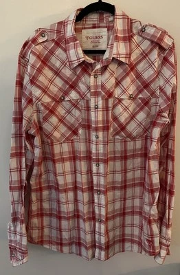 GUESS Pearl Snap Shirt Mens Size XL Red White Plaid Cotton Western Rodeo Country - Image 1 of 4