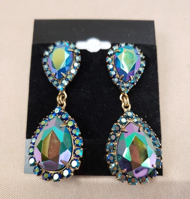 Loren Hope Iridescent Blue Rhinestone Teardrop Dangle Pierced Earrings - Image 1 of 4
