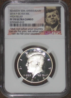 2014 P Silver Proof High Relief JFK Kennedy Half Dollar NGC PF70 UCAM 50c 50th - Image 1 of 2