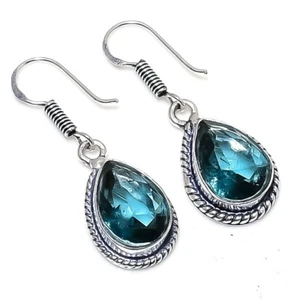 London Blue Topaz Gemstone Handmade 925 Sterling Silver Jewelry Earring Sz 1.50" - Picture 1 of 1