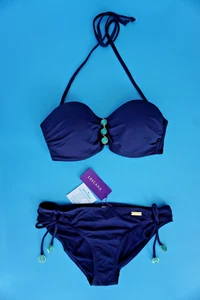 LASCANA BIKINI U/W PADDED BANDEAU TOP + BRIEFS BLUE + GREEN JEWELS SIZE UK 10 C - Picture 1 of 7