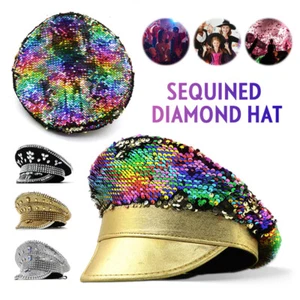 Diamond Sequin Hat Cortical Police Cap Party Cosplay Performance Flat Hat Multi - Picture 1 of 16