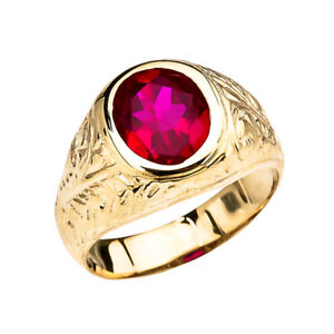 Solid Gold Men's Engraved Design Red Cz Solitaire Ring.Yellow/Rose/White)In 10K