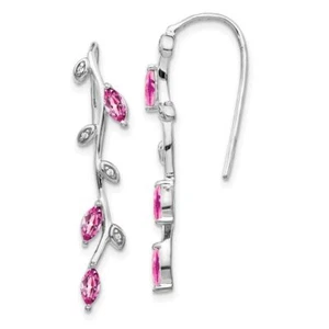 14K Solid White Gold Diamond Pink Sapphire Dangle Earrings - Picture 1 of 4