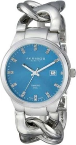 Akribos AK759SSTQ Swiss Quartz Date Turquoise Diamond Silvertone Womens Watch - Picture 1 of 4