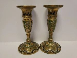 Messing Kerzenständer mit Akzenten Made in India 5" hoch 2,5" Basis 2er Set  - Bild 1 von 12